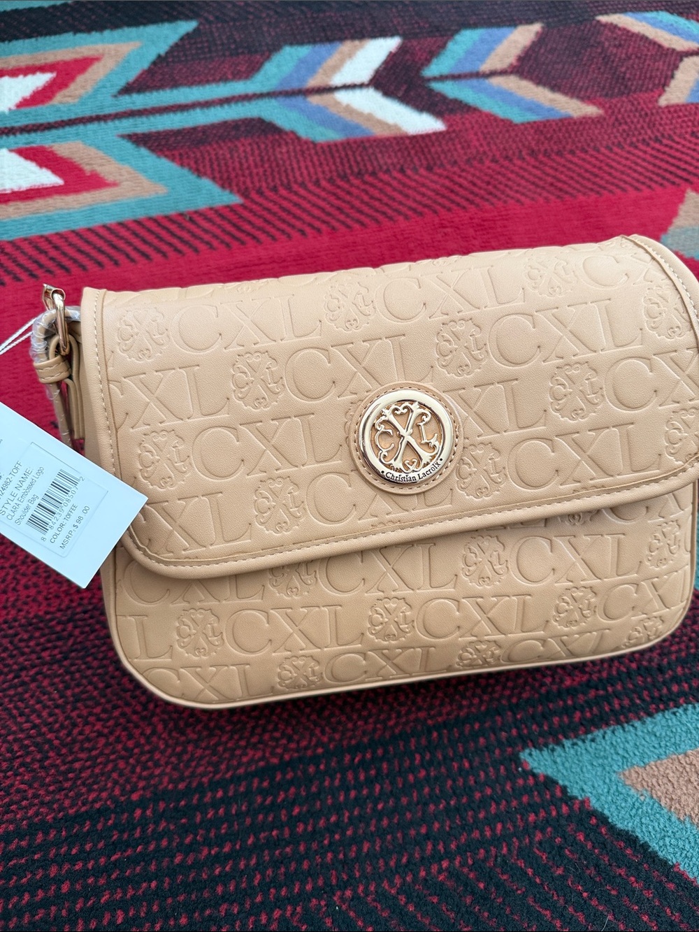 French Connection Beige Embossed Logo Flap Crossbody
